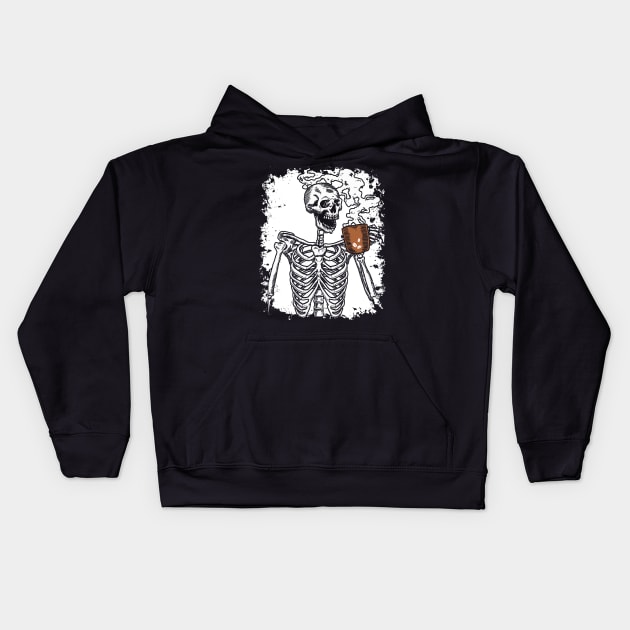 Halloween Shirt Coffee Drinking Skeleton Skull Kids Hoodie by Pelman